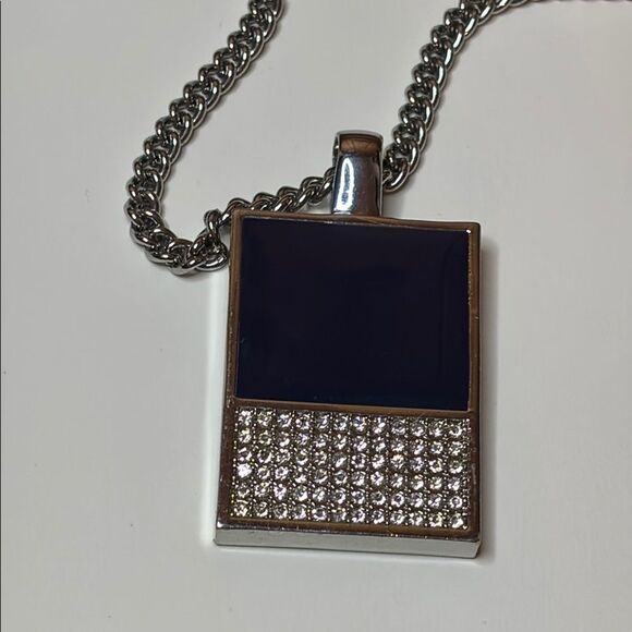 Ann Taylor Silver Tone and Dark Blue Pendant Necklace with Long 32” Chain - Picture 1 of 5